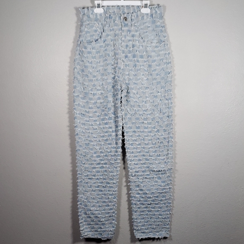 Checker Frayed Light Blue Straight Leg Jeans